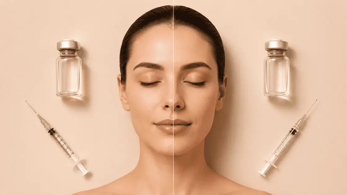 Botox vs Dysport wrinkle relaxer comparison with a woman and cosmetic injection supplies.